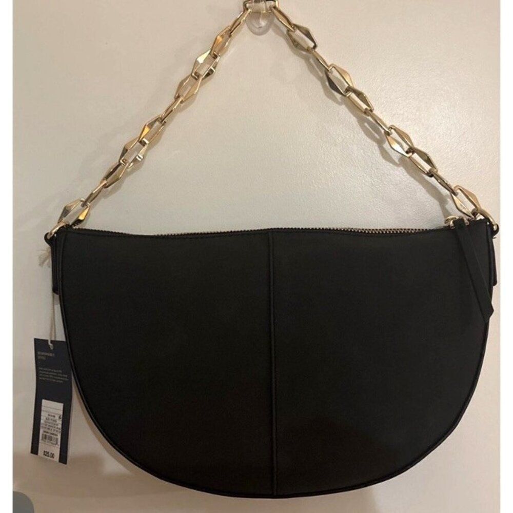 Black Slouched Half Moon Gold Tone Chain Link Shoulder Bag Faux Suede NWT